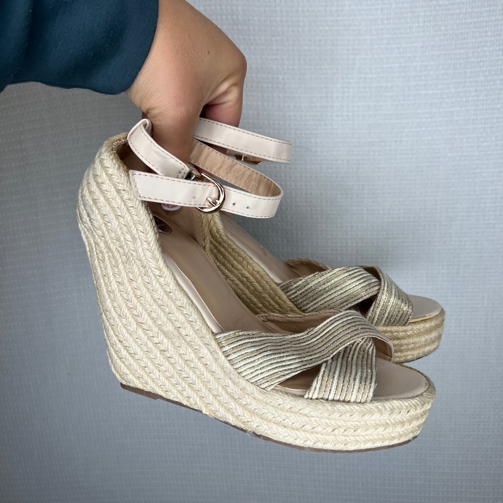 LOB Footwear Womens Espadrille Platform Wedge Sandals Cross Strap Gold Strappy‎